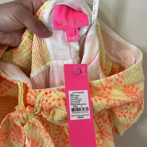 Lilly Pulitzer Sarafina Eyelet Babydoll Dress Calla Yellow Gingham NWT Size 2 - Picture 11 of 14